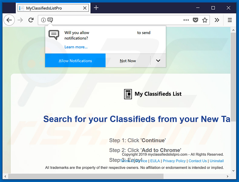 My Classifieds List Pro browser hijacker asking for notifications
