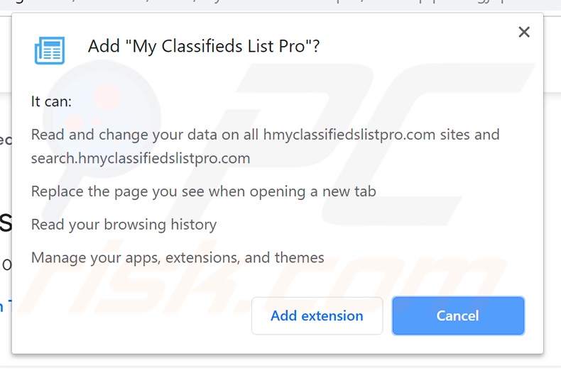 My Classifieds List Pro browser hijacker asking for permissions
