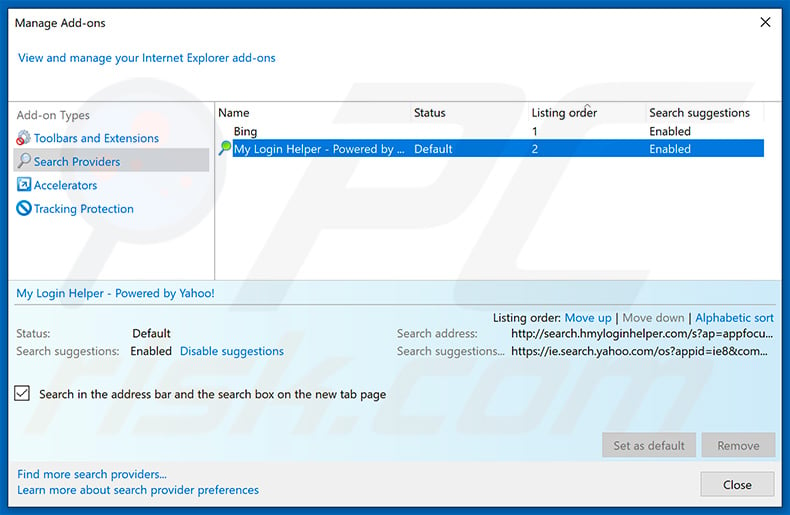 Removing search.hmyloginhelper.com from Internet Explorer default search engine