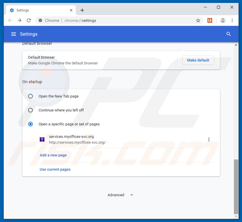 Removing services.myofficex-svc.org from Google Chrome homepage