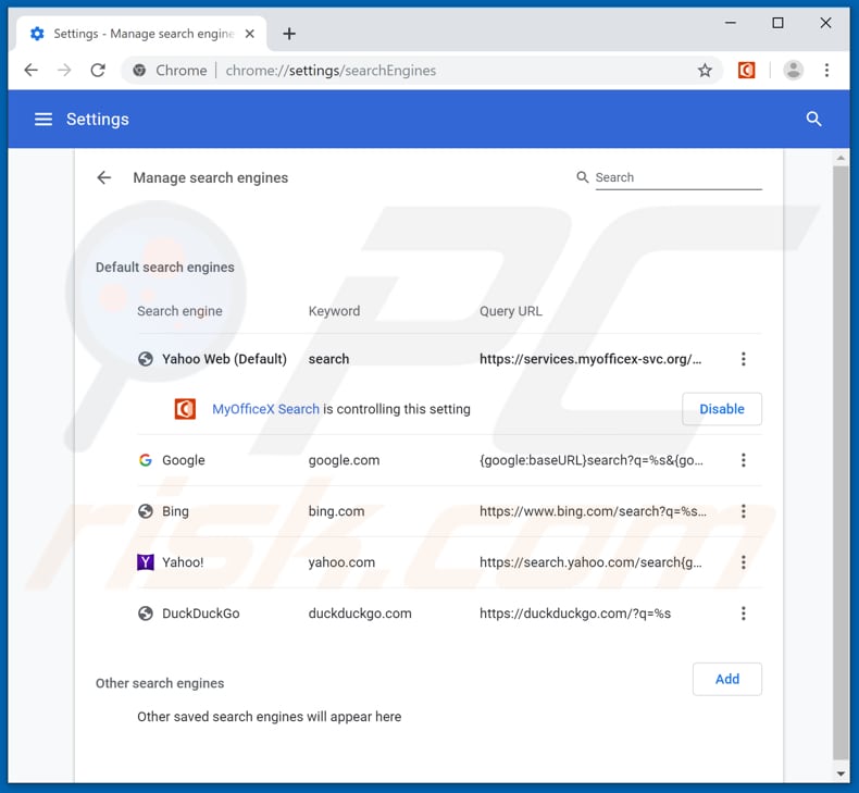 Removing services.myofficex-svc.org from Google Chrome default search engine
