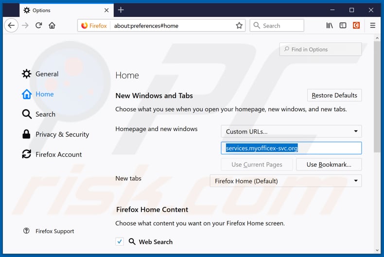 Removing services.myofficex-svc.org from Mozilla Firefox homepage