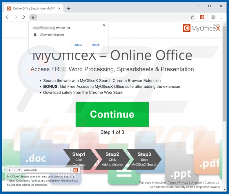 Website used to promote MyOfficeX browser hijacker
