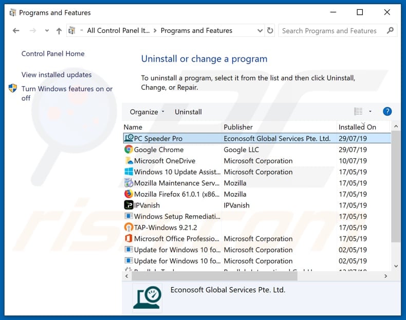 PC Speeder Pro adware uninstall via Control Panel