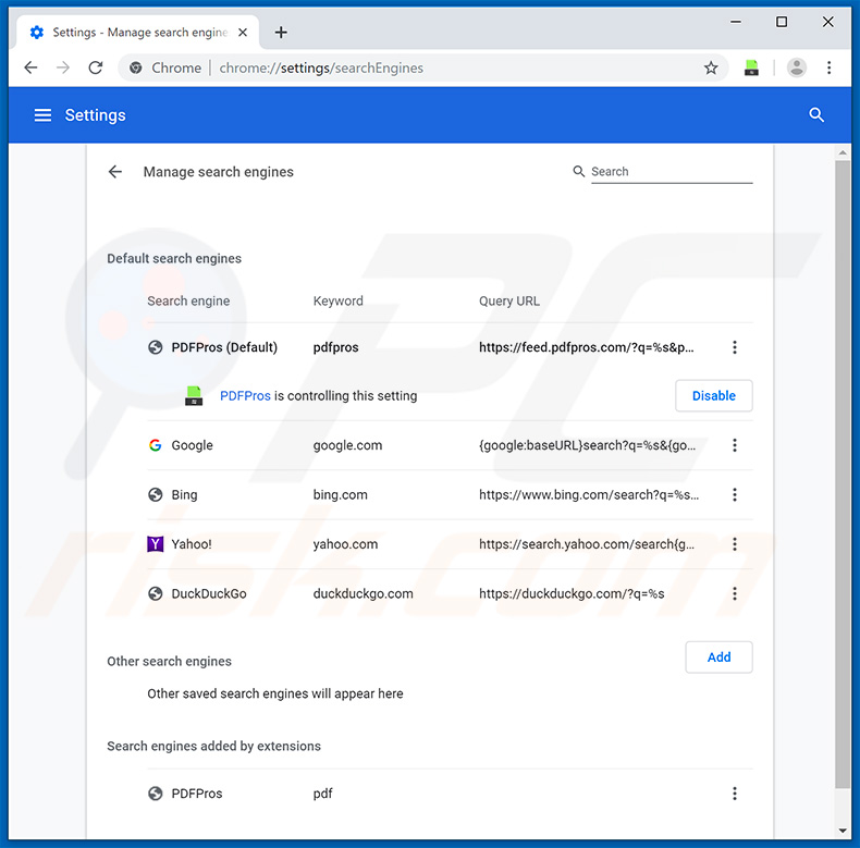 Removing feed.pdfpros.com from Google Chrome default search engine