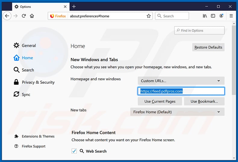 Removing feed.pdfpros.com from Mozilla Firefox homepage