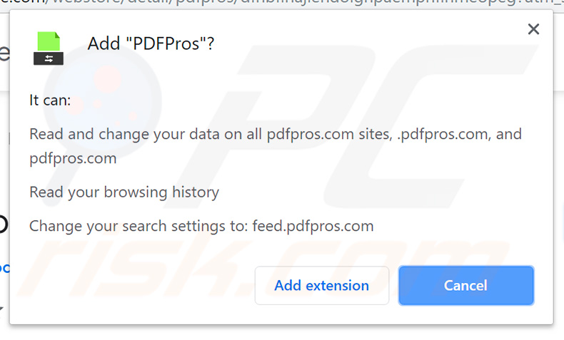 PDFPros browser hijacker asking for permissions