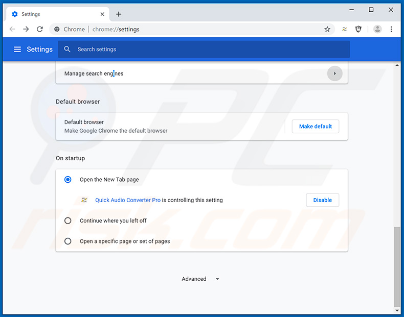Removing search.hquickaudioconverterpro.com from Google Chrome homepage