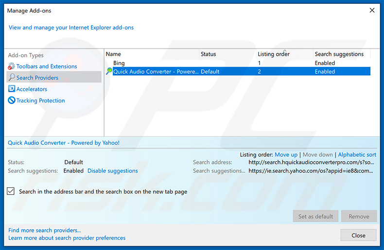 Removing search.hquickaudioconverterpro.com from Internet Explorer default search engine