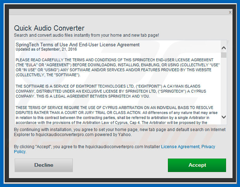 Official Quick Audio Converter Pro browser hijacker installation setup
