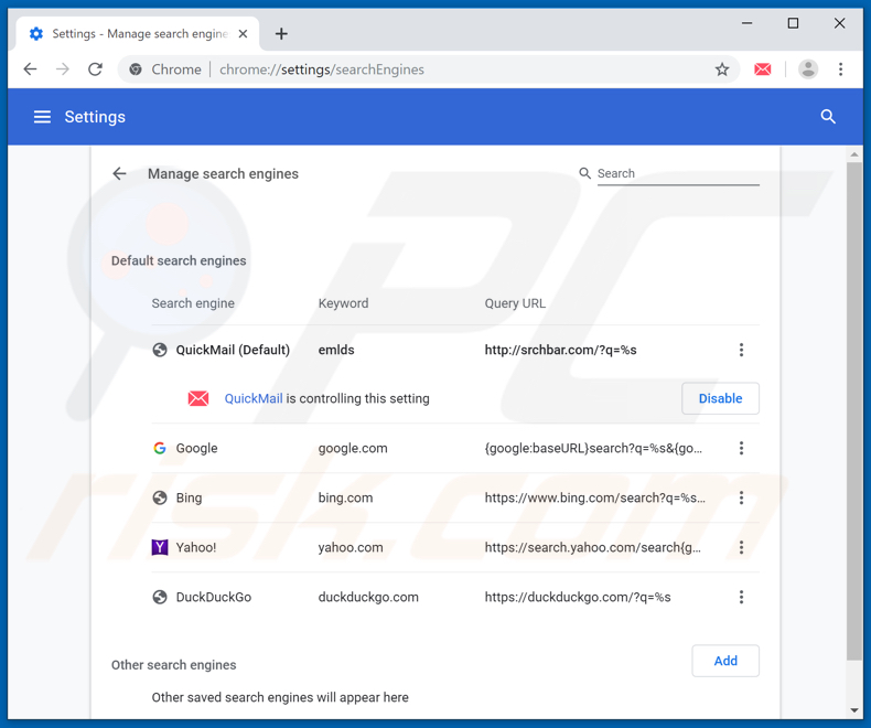 Removing srchbar.com from Google Chrome default search engine