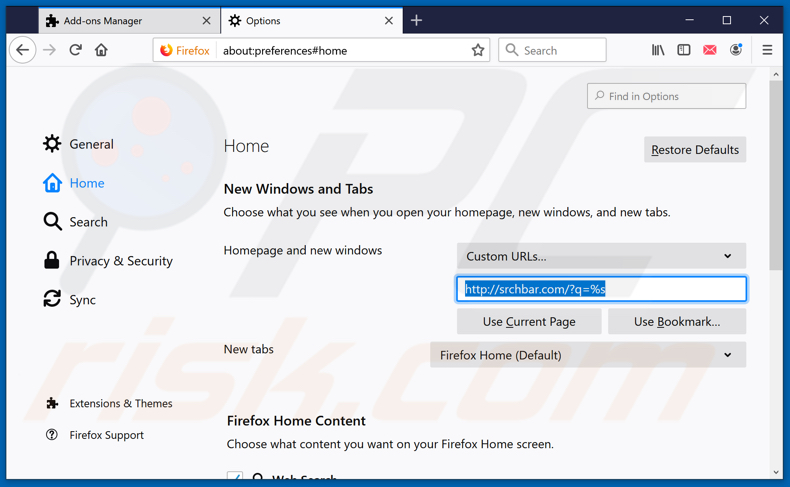 Removing srchbar.com from Mozilla Firefox homepage