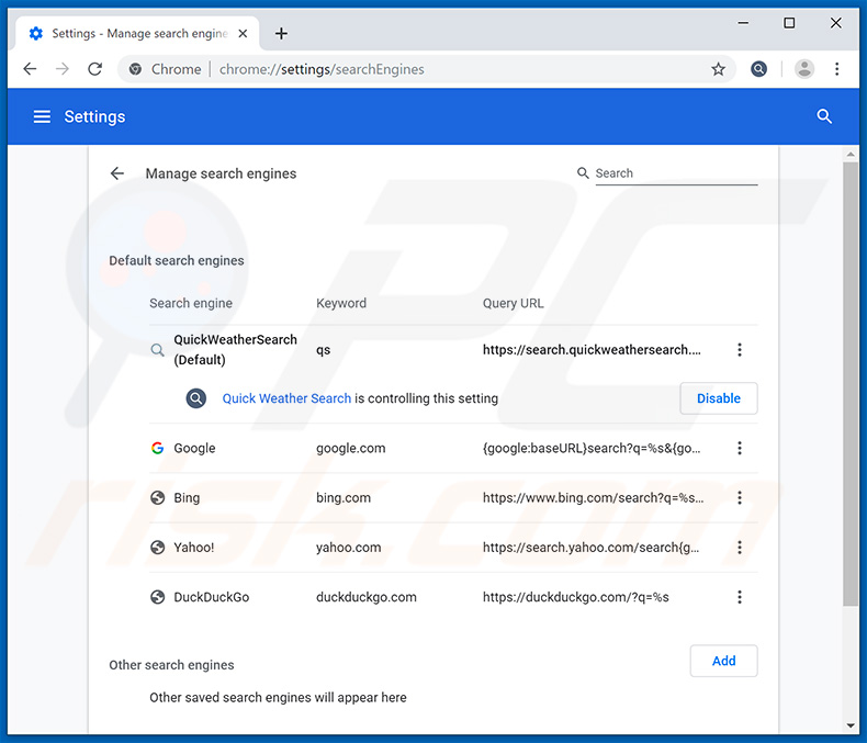 Removing search.quickweathersearch.com from Google Chrome default search engine