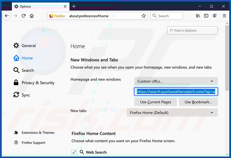 Removing search.quickweathersearch.com from Mozilla Firefox homepage