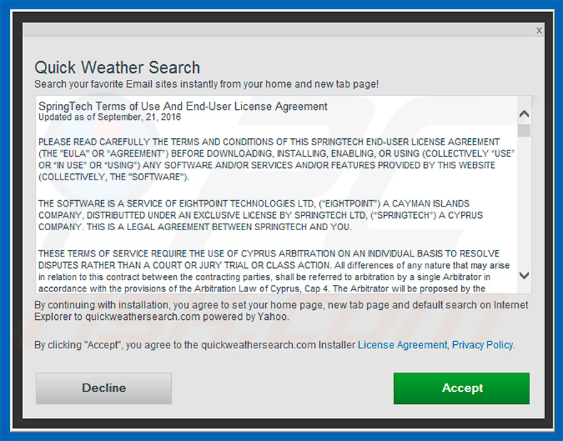 Official Quick Weather Search browser hijacker installation setup