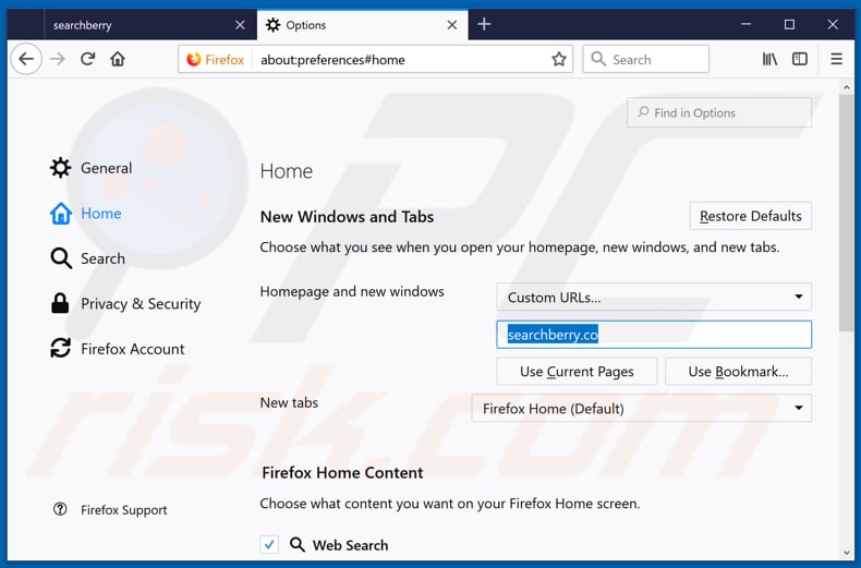 Removing searchberry.co from Mozilla Firefox homepage