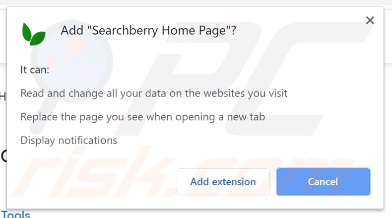 Searchberry Home Page download website asking for permissions