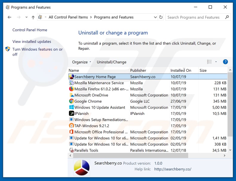 searchberry.co browser hijacker uninstall via Control Panel