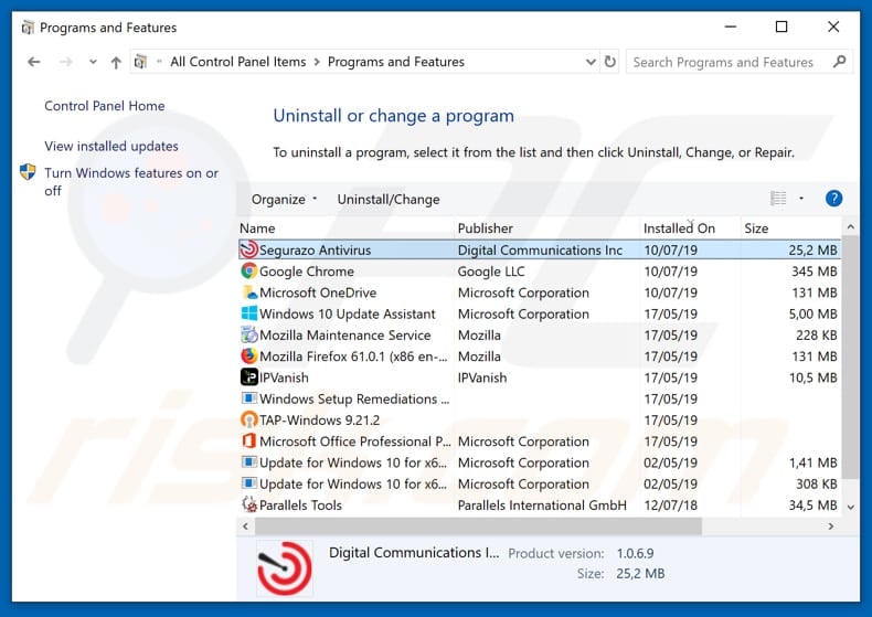 Segurazo adware uninstall via Control Panel