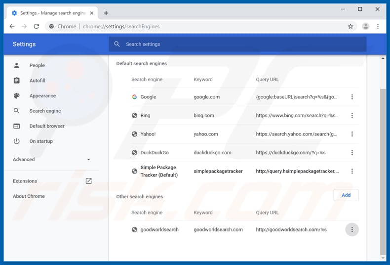 Removing search.hsimplepackagetracker.com from Google Chrome default search engine