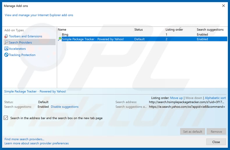 Removing search.hsimplepackagetracker.com from Internet Explorer default search engine
