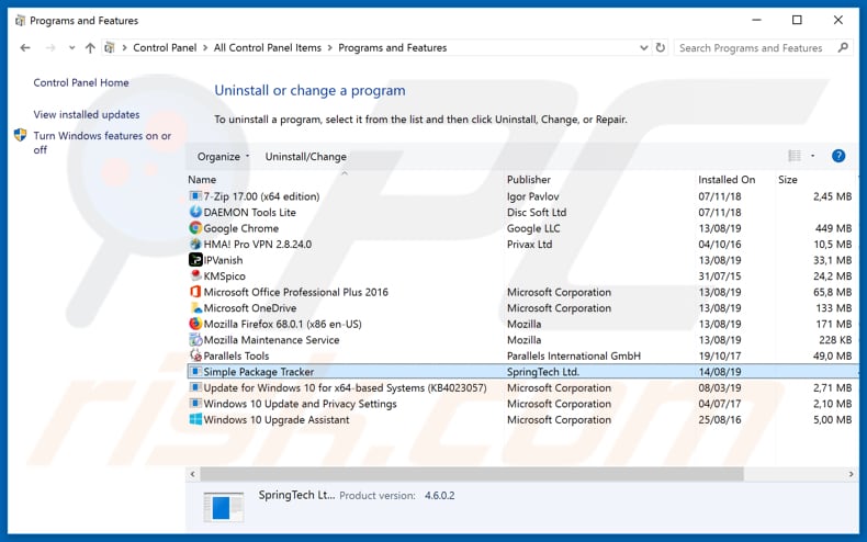 search.hsimplepackagetracker.com browser hijacker uninstall via Control Panel