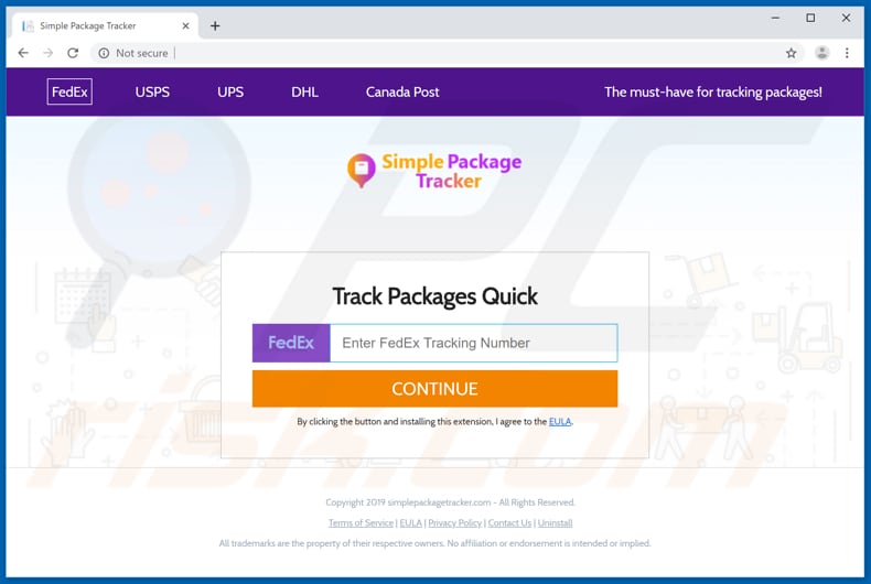 Website used to promote Simple Package Tracker browser hijacker