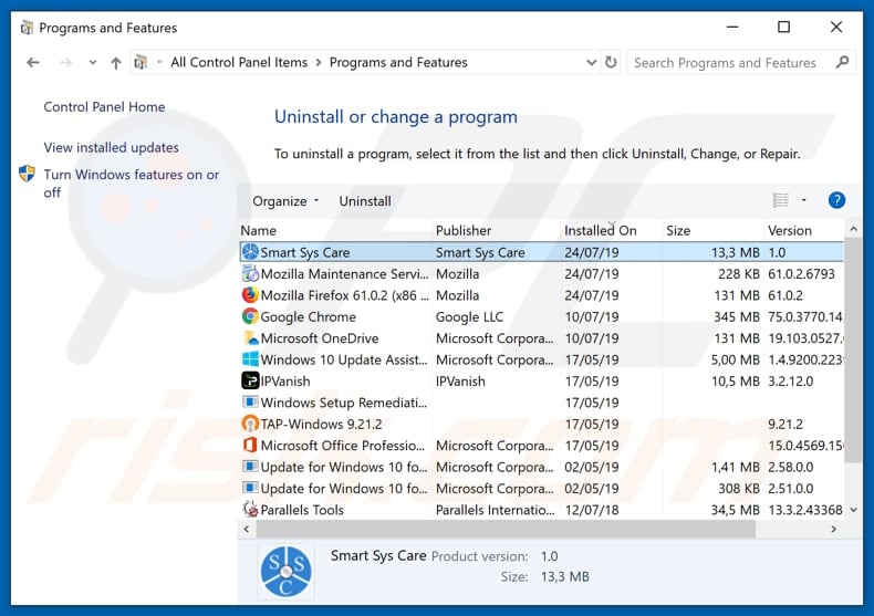 Smart Sys Care adware uninstall via Control Panel