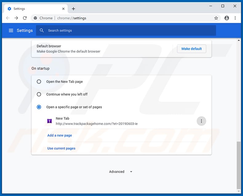 Removing trackpackagehome.com from Google Chrome homepage