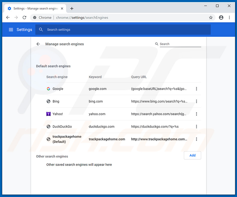 Removing trackpackagehome.com from Google Chrome default search engine