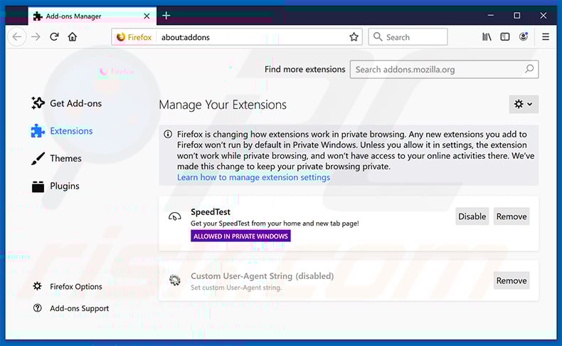 Removing trackpackagehome.com related Mozilla Firefox extensions