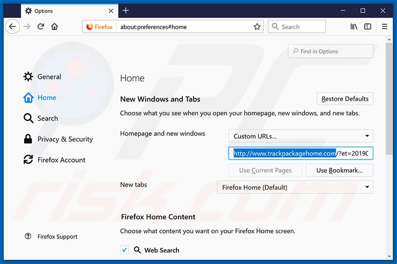 Removing trackpackagehome.com from Mozilla Firefox homepage