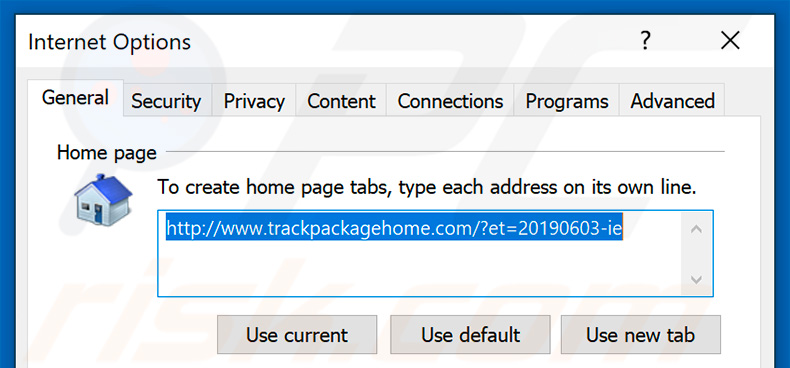 Removing trackpackagehome.com from Internet Explorer homepage