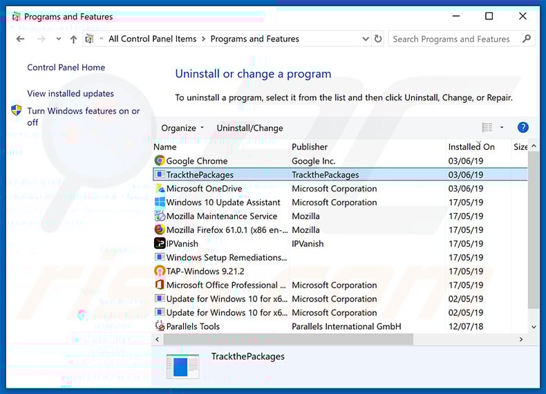 trackpackagehome.com browser hijacker uninstall via Control Panel