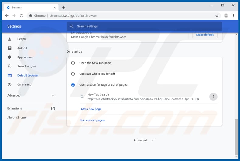 Removing search.htrackyourtransitinfo.com from Google Chrome homepage