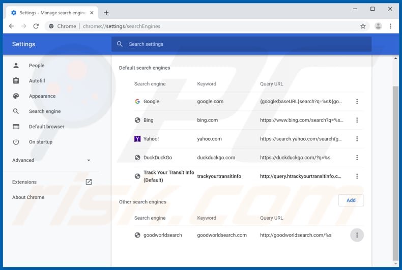 Removing search.htrackyourtransitinfo.com from Google Chrome default search engine