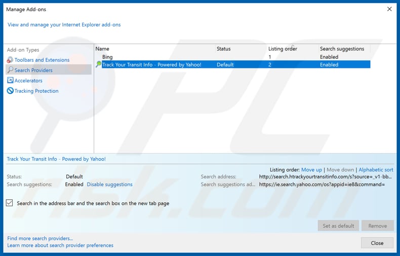 Removing search.htrackyourtransitinfo.com from Internet Explorer default search engine