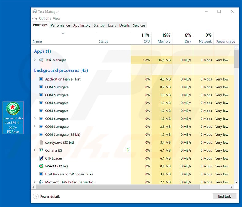 Transfast Email Virus malicious attachment and Ave Maria process in Windows Task Manager