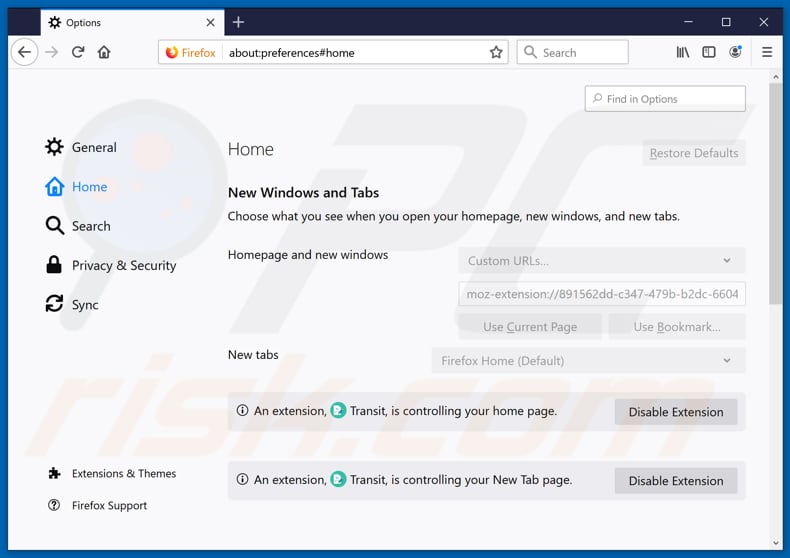 Removing search.htransitschedules.com from Mozilla Firefox homepage