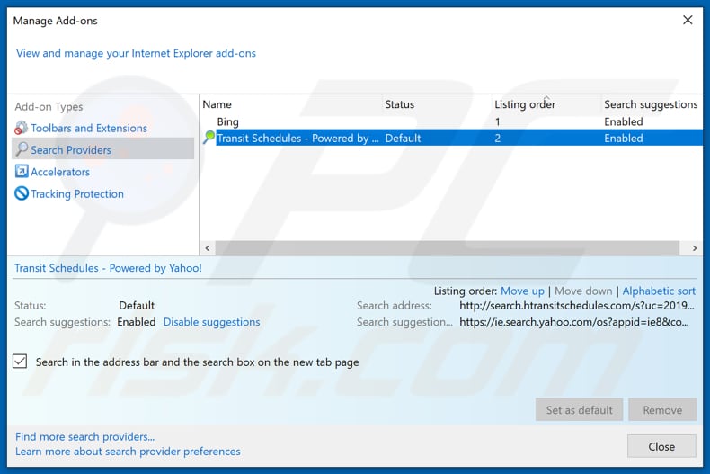 Removing search.htransitschedules.com from Internet Explorer default search engine