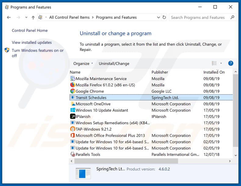 search.htransitschedules.com browser hijacker uninstall via Control Panel