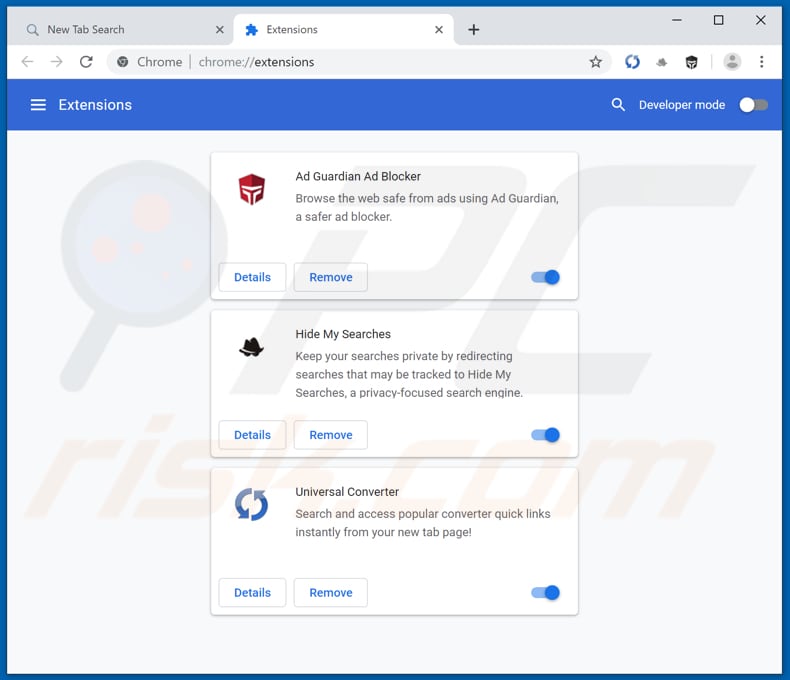 Removing search.huniversalconverter.co related Google Chrome extensions