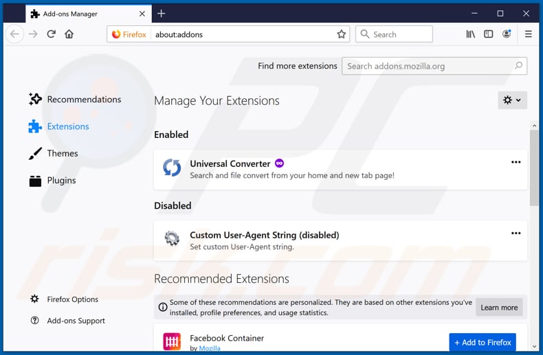 Removing search.huniversalconverter.co related Mozilla Firefox extensions