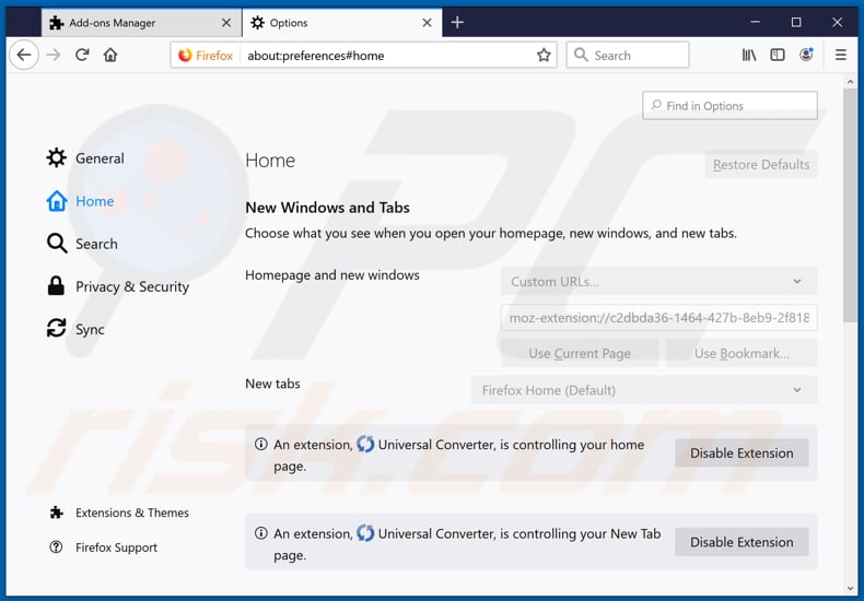 Removing search.huniversalconverter.co from Mozilla Firefox homepage