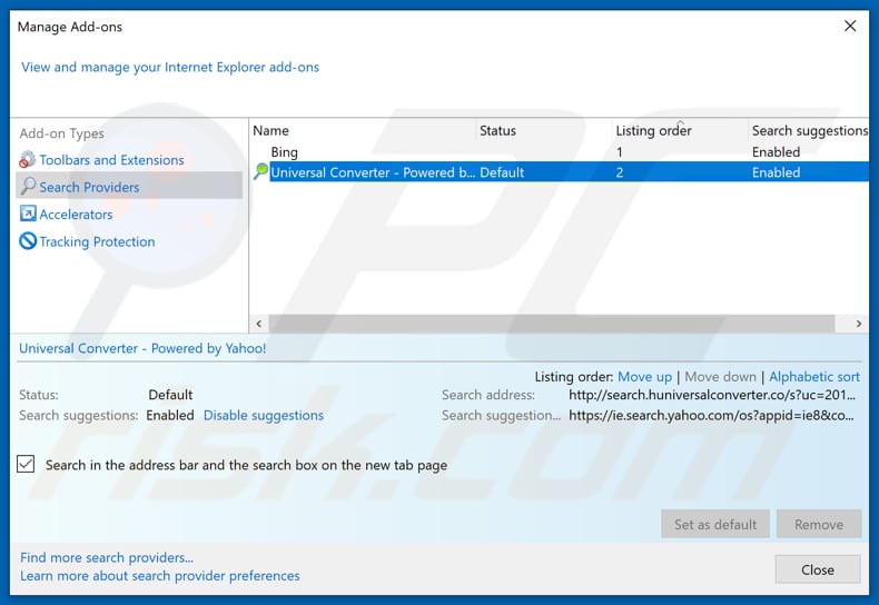 Removing search.huniversalconverter.co from Internet Explorer default search engine
