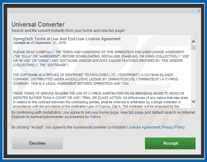 Official Universal Converter browser hijacker installation setup