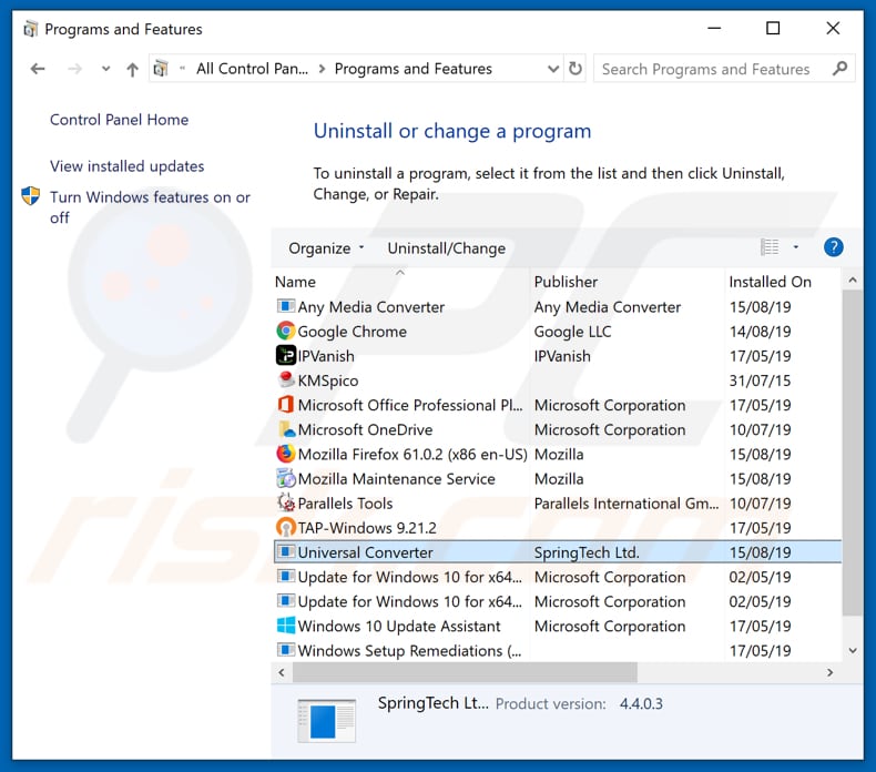search.huniversalconverter.co browser hijacker uninstall via Control Panel