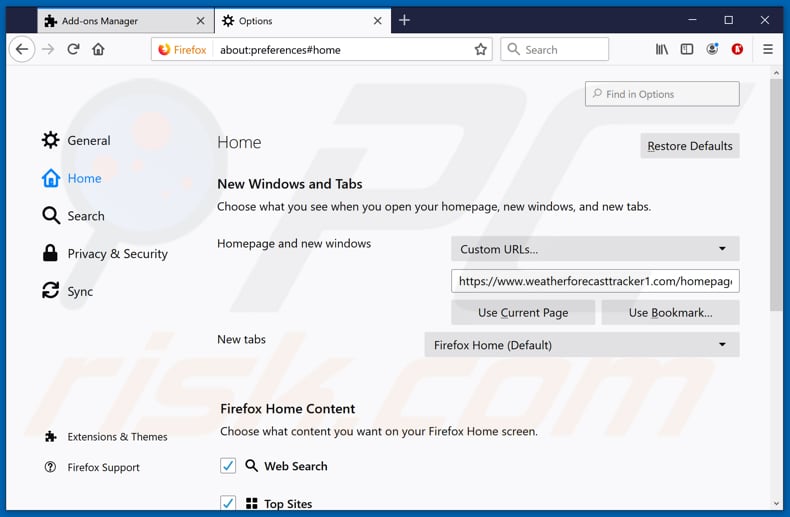 Removing weatherforecasttracker1.com from Mozilla Firefox homepage