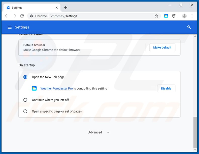 Removing search.hweatherforecasterpro.com from Google Chrome homepage