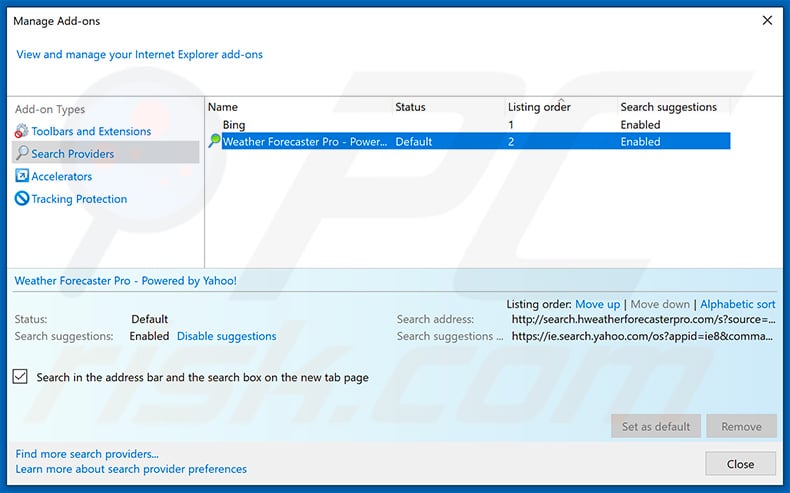 Removing search.hweatherforecasterpro.com from Internet Explorer default search engine